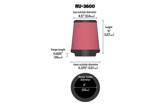 Filtre conique universel K & N avec raccordement de 102 mm, fond de 137 mm, haut de 114 mm, hauteur de 127 mm (RU-36, Image 2
