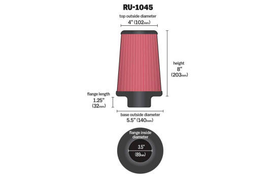 Filtre conique universel K & N avec raccordement de 89 mm, fond de 140 mm, haut de 102 mm, hauteur de 203 mm (RU-104, Image 2