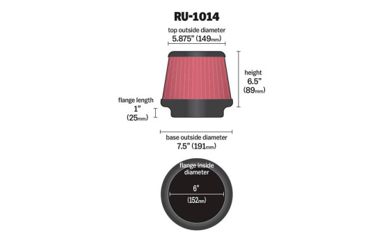 Filtro cónico universal K&N con conexión de 152 mm, fondo de 190 mm, parte superior de 149 mm y altura de 165 mm (, Imagen 2