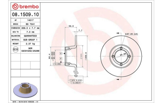 Disque de frein 08.1509.10 Brembo, Image 3