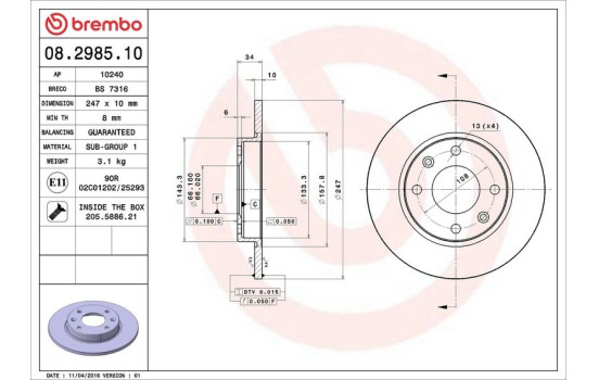 Disque de frein 08.2985.10 Brembo, Image 3