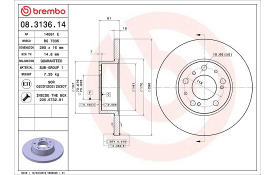 Disque de frein 08.3136.14 Brembo, Image 4