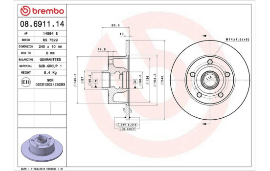 Disque de frein 08.6911.14 Brembo, Image 3