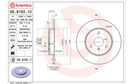 Disque de frein 08.8163.11 Brembo, Image 3