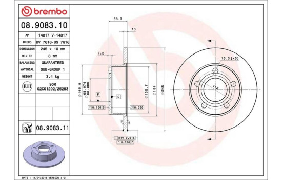 Disque de frein 08.9083.11 Brembo, Image 3