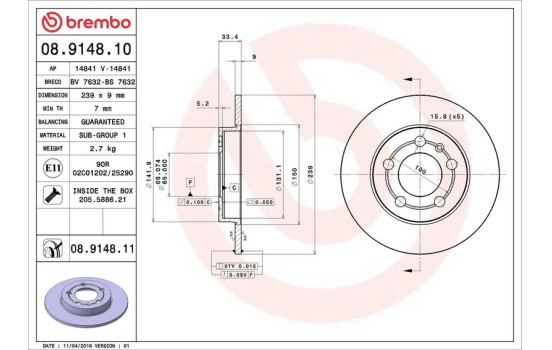 Disque de frein 08.9148.11 Brembo, Image 3