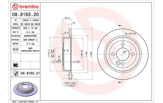 Disque de frein 08.9163.21 Brembo, Image 3