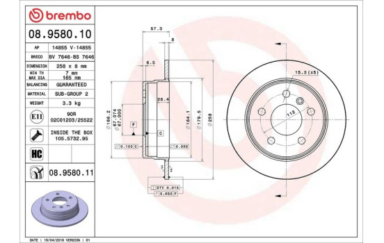 Disque de frein 08.9580.11 Brembo, Image 3