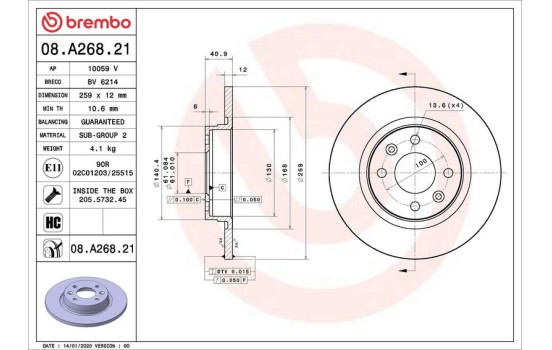 Disque de frein 08.A268.21 Brembo, Image 2