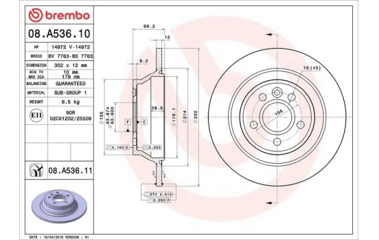 Disque de frein 08.A536.11 Brembo, Image 3