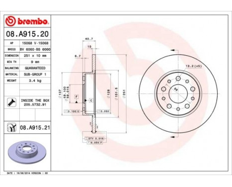 Disque de frein 08.A915.21 Brembo, Image 2