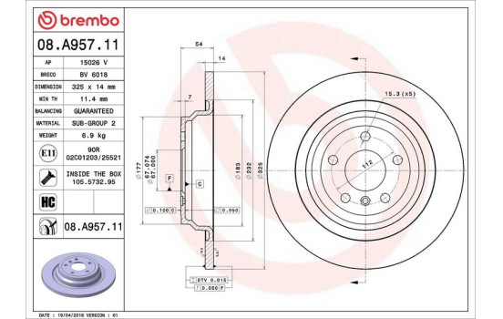 Disque de frein 08.A957.11 Brembo, Image 3