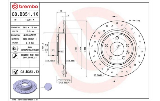 Disque de frein 08.B351.1X Brembo, Image 2