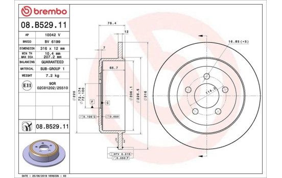 Disque de frein 08.B529.11 Brembo, Image 2
