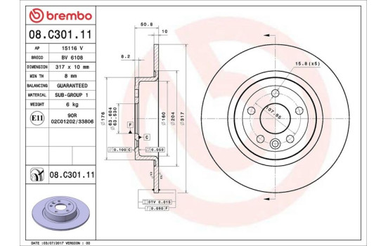Disque de frein 08.C301.11 Brembo, Image 2