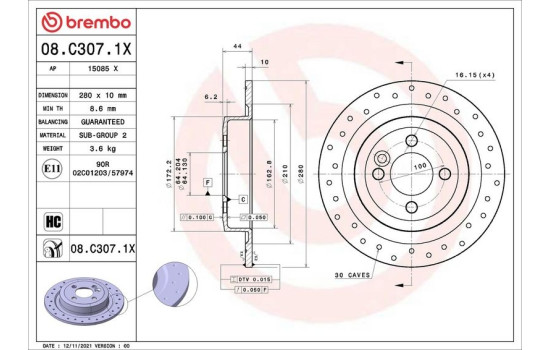 Disque de frein 08.C307.1X Brembo