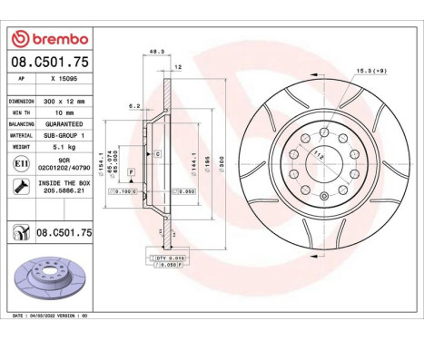 Disque de frein 08.C501.75 Brembo