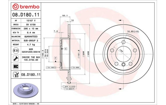 Disque de frein 08.D180.11 Brembo, Image 2