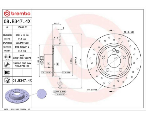 Disque de frein 08B3474X Brembo