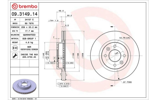 Disque de frein 09.3149.14 Brembo, Image 4