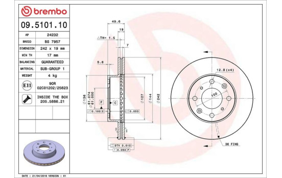 Disque de frein 09.5101.10 Brembo, Image 4