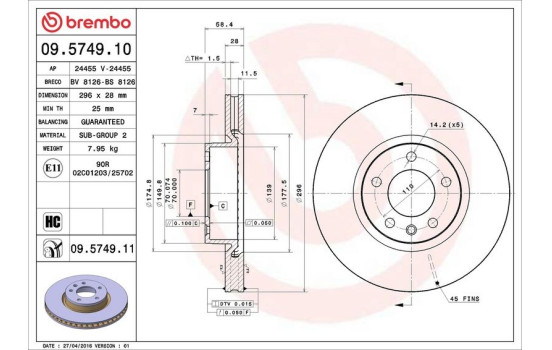 Disque de frein 09.5749.11 Brembo, Image 3