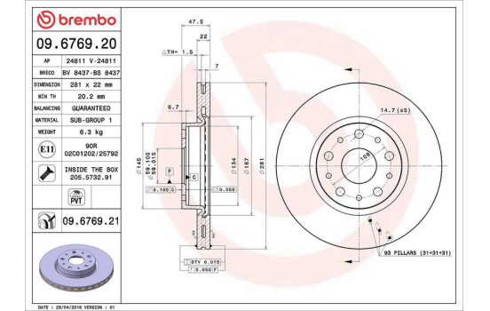 Disque de frein 09.6769.21 Brembo, Image 3