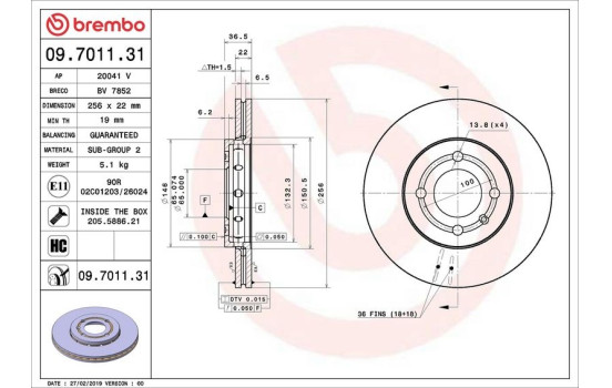 Disque de frein 09.7011.31 Brembo, Image 2