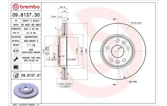 Disque de frein 09.8137.31 Brembo, Image 3