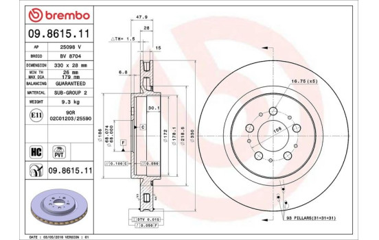 Disque de frein 09.8615.11 Brembo, Image 2