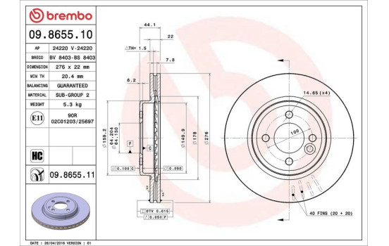 Disque de frein 09.8655.11 Brembo, Image 3