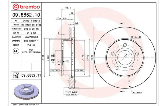 Disque de frein 09.8852.11 Brembo, Image 3