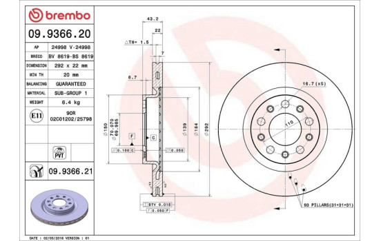 Disque de frein 09.9366.21 Brembo, Image 3