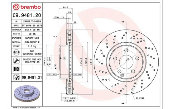 Disque de frein 09.9481.21 Brembo, Image 2
