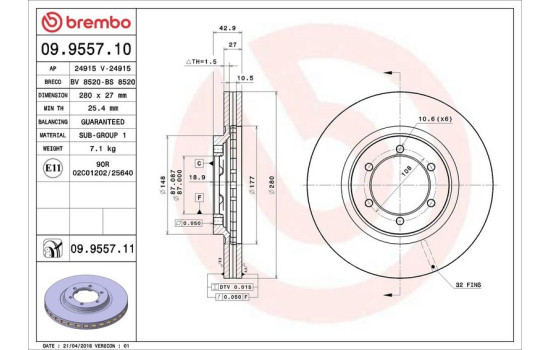 Disque de frein 09.9557.11 Brembo, Image 3