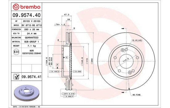 Disque de frein 09.9574.40 Brembo, Image 3