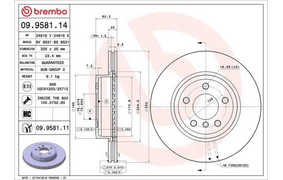 Disque de frein 09.9581.11 Brembo, Image 2