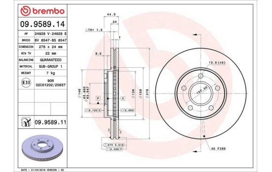 Disque de frein 09.9589.11 Brembo, Image 3