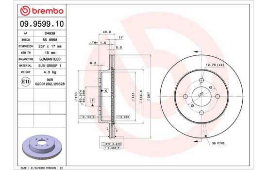 Disque de frein 09.9599.10 Brembo, Image 4