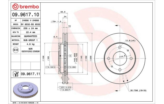 Disque de frein 09.9617.11 Brembo, Image 3
