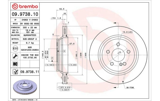 Disque de frein 09.9738.11 Brembo, Image 3