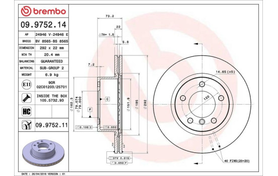 Disque de frein 09.9752.11 Brembo, Image 3