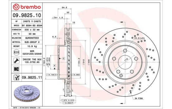 Disque de frein 09.9825.11 Brembo, Image 2