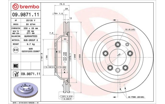 Disque de frein 09.9871.11 Brembo