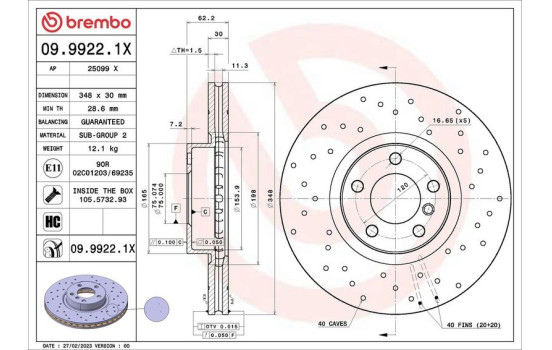 Disque de frein 09.9922.1X Brembo, Image 2
