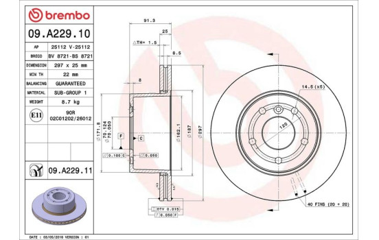 Disque de frein 09.A229.11 Brembo, Image 2