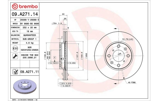 Disque de frein 09.A271.14 Brembo, Image 3