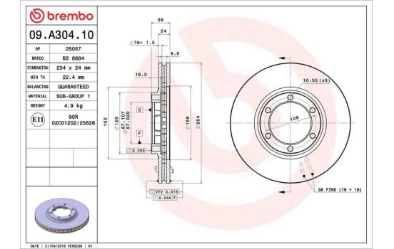 Disque de frein 09.A304.10 Brembo, Image 3