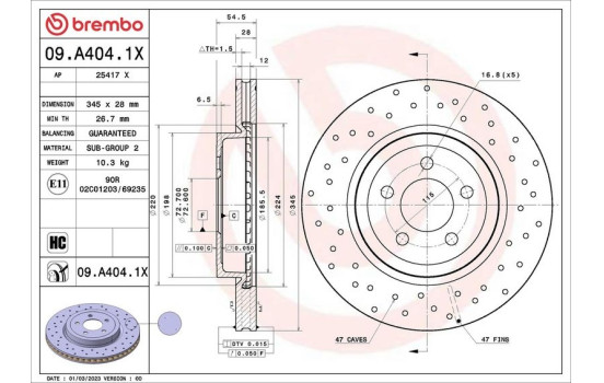 Disque de frein 09.A404.1X Brembo