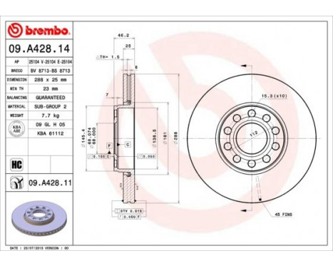 Disque de frein 09.A428.11 Brembo, Image 2
